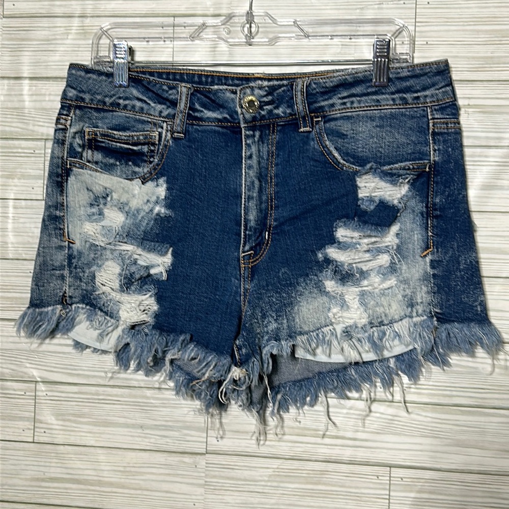 American Eagle 11” High Rise Shortie Heavy Distressed Cutoff Denim Shorts Sz 12